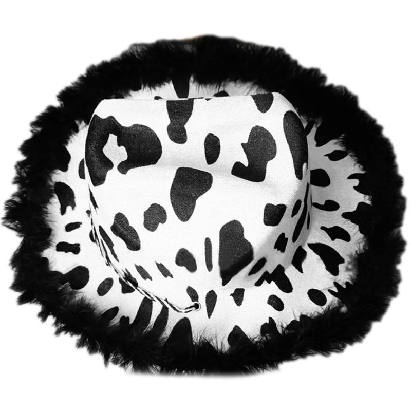 Mũ Cao Bồi Vải Dày Họa Tiết Bò Sữa Màu Trắng Đen Có Vành Đính Lông Vũ Cho Nam Và Nữ