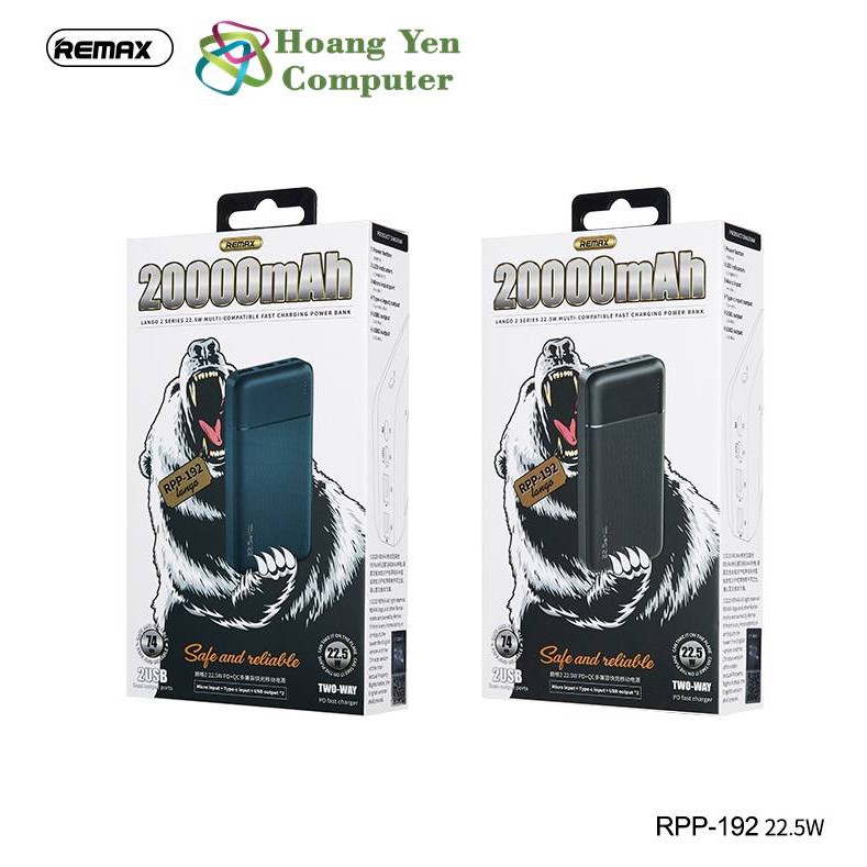 Sạc Dự Phòng Remax RPP-192 20000Mah (Sạc Nhanh QC3.0 18W, 22.5W, PD 18W, VOOC 2.0) - BH 1 Năm - Hoàng Yến Computer