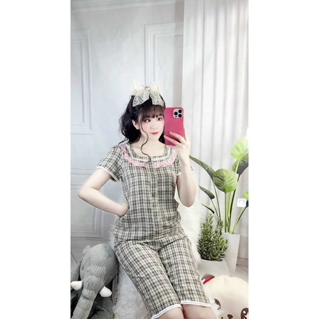 Đồ bộ lửng ngố mặc nhà mẫu kẻ chất đũi hàn mát đồ ngủ xinh