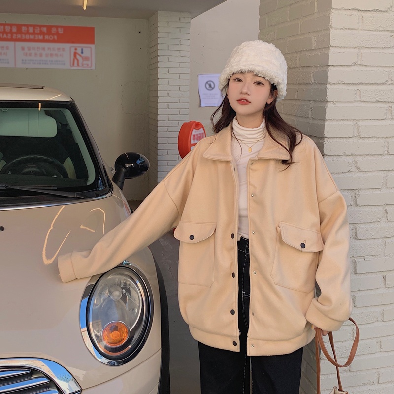 Áo khoác tay dài dáng rộng màu trơn dễ phối đồ thời trang phong cách Hàn Quốc