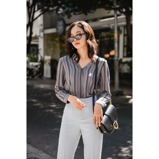 Áo Sơ Mi Nữ Công Sở Lụa Sọc Gray