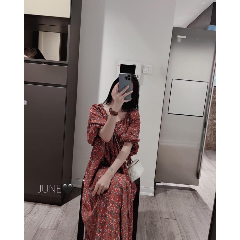 Váy hoa hồng dáng xuông cổ v nơ sau