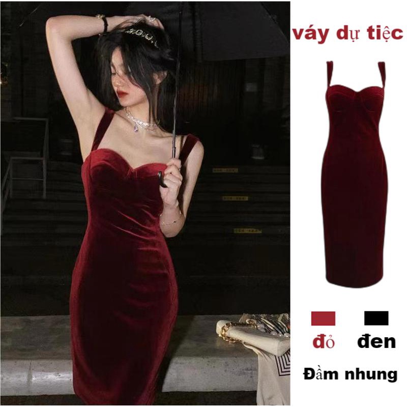 Đầm Body Dự Tiệc Sang Trọng Váy Nhung Đỏ 2 Dây Dáng Ôm Phong Cách Pháp Váy Dạ Hội Tiểu Thư