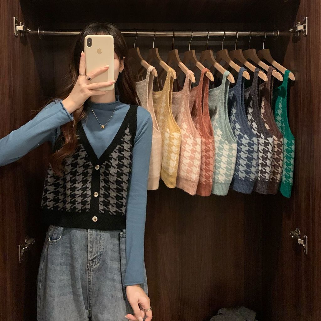 Áo Sweater Dệt Kim Không Tay Màu Sắc Tương Phản Phong Cách Hàn Quốc Cho Nữ