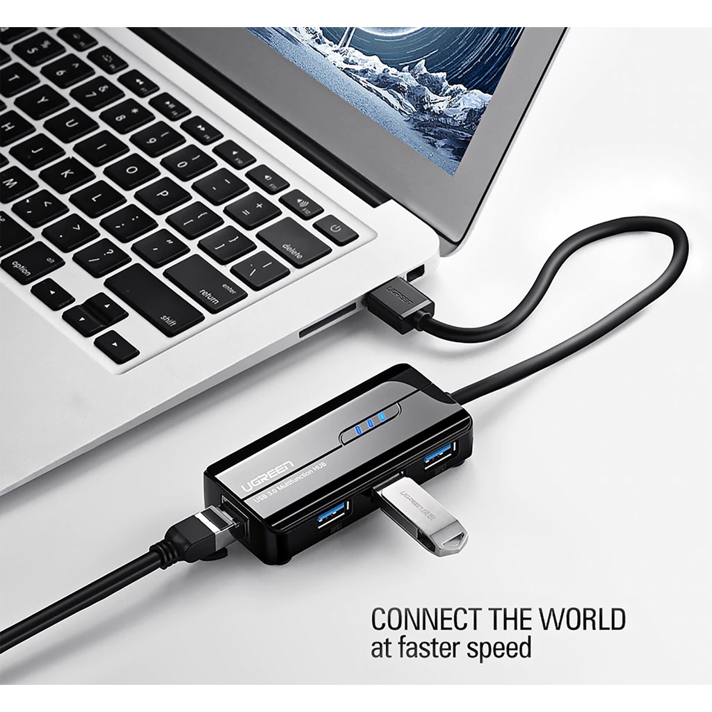 Bộ Chia USB RA 3 Cổng USB &amp; LAN Cao Cấp, UGREEN CR103 Chính Hãng, Tốc độ 1000Mbps