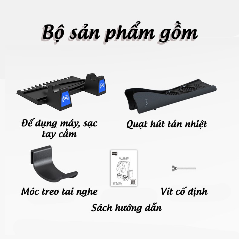 Đế đứng máy PS5 kèm dock sạc tay cầm, móc treo tai nghe, khay đựng đĩa, tản nhiệt máy PS5