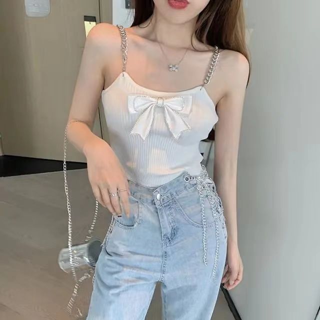 Áo Hai Dây Dệt Kim Đính Nơ Xinh Xắn Thời Trang Mùa Hè Cho Nữ