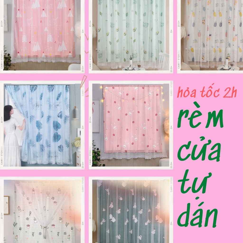 (Miền Nam) Rèm cửa dán tường 2 lớp không cần khoan, dễ vệ sinh, họa tiết sinh động che nắng cửa sổ và decor phòng ngu3