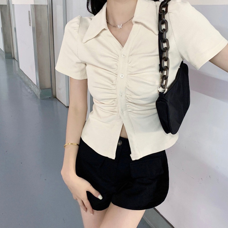 Áo Kiểu Tay Ngắn Cổ Chữ V Xếp Ly Dáng Ôm Phong Cách Pháp Thời Trang Mùa Hè Xinh Xắn Cho Nữ