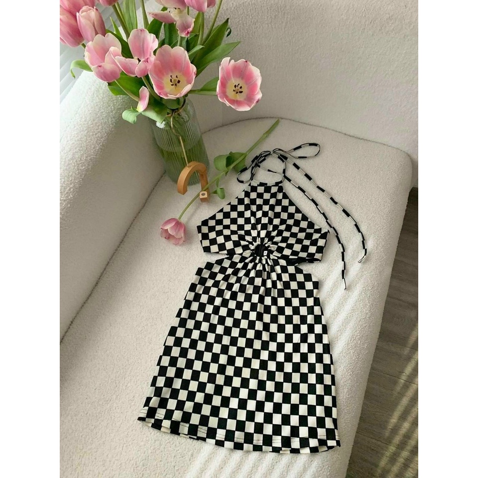 Đầm boddy caro nữ cổ yếm khoét eo tôn dáng siêu hot alohashop91