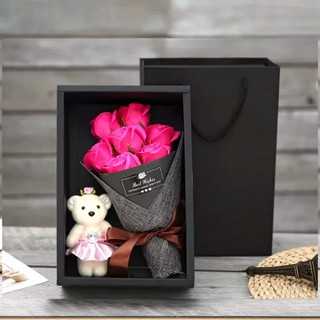 (Hót 20-10) Hoa Hồng Sáp Thơm Bó 7 Bông Kèm Gấu Tặng Người Yêu Rất Lãng Mạng Có Hộp Sang Trọng