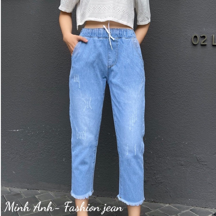 Quần baggy nữ lưng thun cào xước lai tua phong cách baggic đơn giản