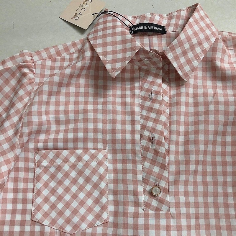 ÁO SƠ MI VẠT NGẮN DÀI caro hồng nhạt vải katê thoáng mát tặng kèm scrunchie cùng màu