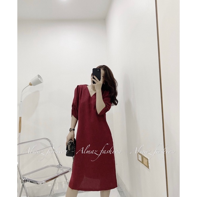 Váy cổ V tay nhún, váy rộng vải dày dặn thoải mái - Almaz Fashion