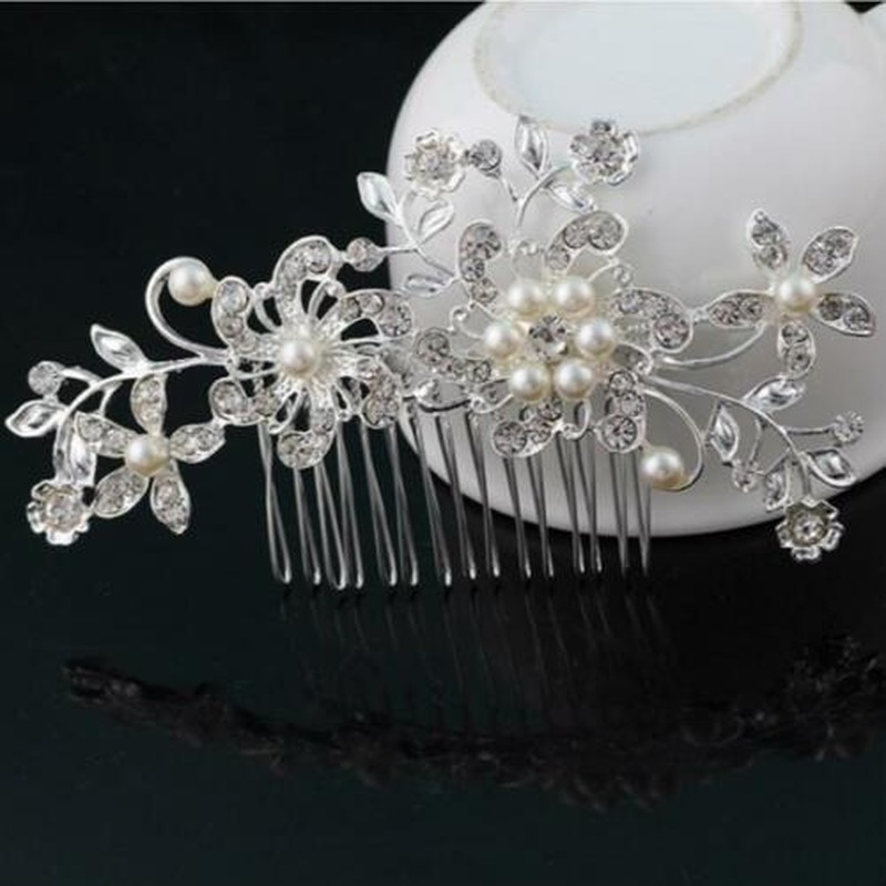 Lược cài tóc hình hoa đính đá và ngọc trai nhân tạo mới cho cô dâu