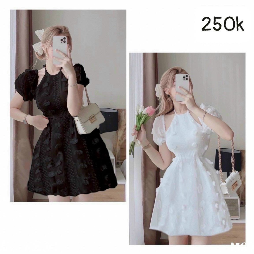 Váy ren cổ yếm khoét vai CHẤT XỐP BÔNG Y HÌNH