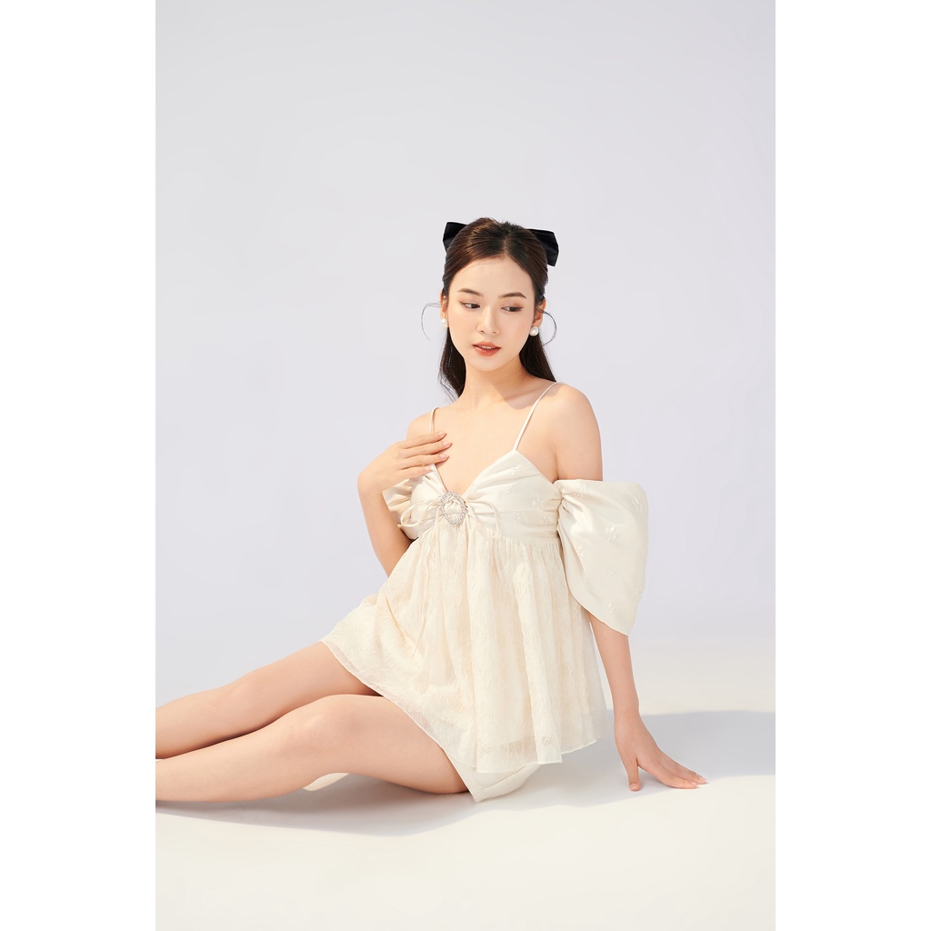 Somee studio Fanette blouse Áo trễ vai voan hoa phối tafta