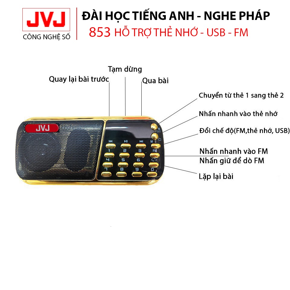 Loa đài JVJ J-853 3 pin siêu khỏe,đài FM,hỗ trợ thẻ nhớ, USB, học tiếng anh,nghe pháp