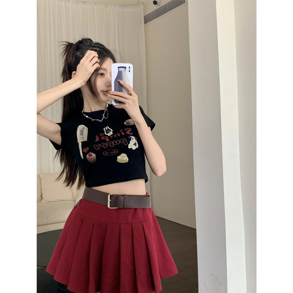 Ethelgirl Áo Thun Tay Ngắn Dáng Ôm In Chữ Và Hoạt Hình Phong Cách Hàn Quốc Thời Trang Cho Nữ