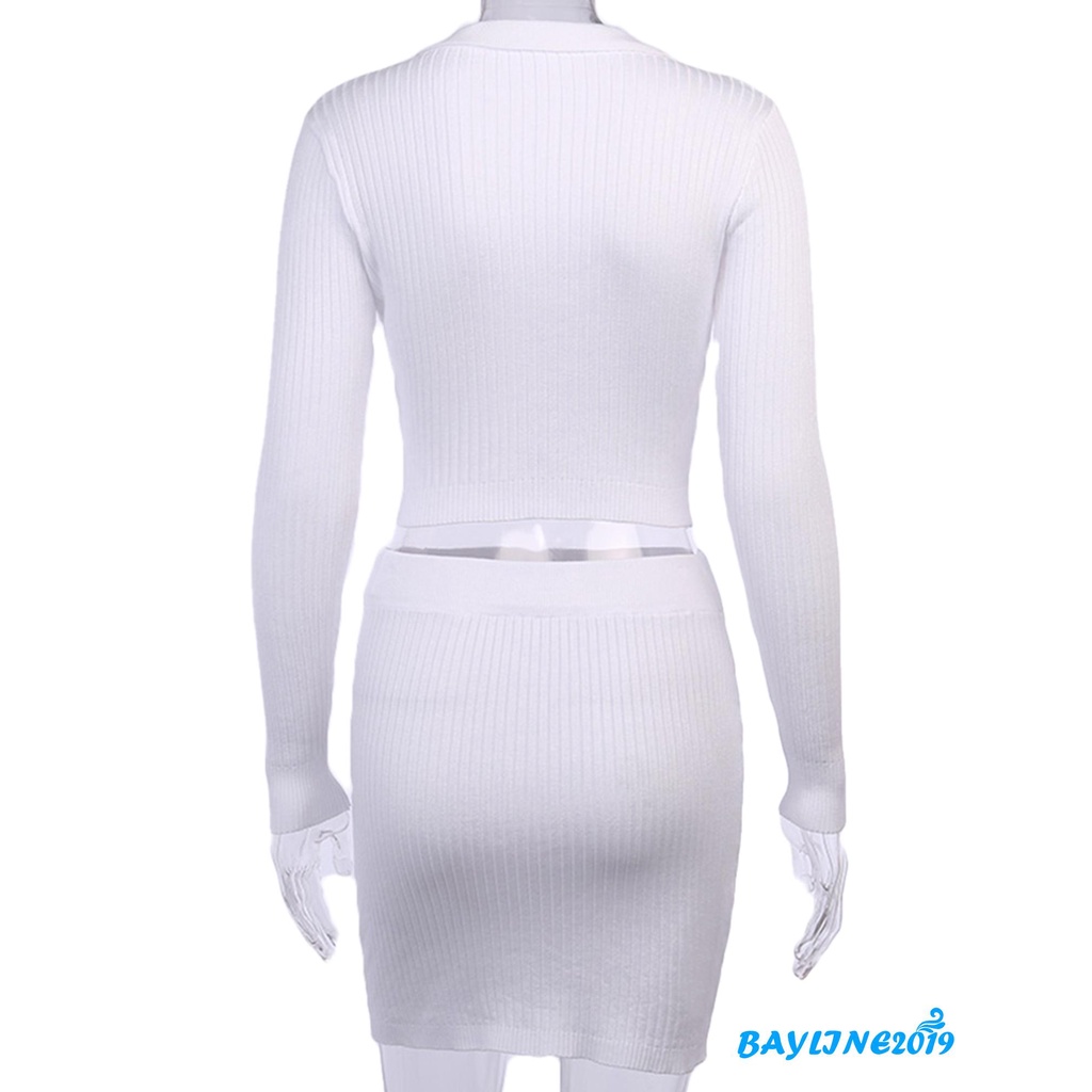 Set áo croptop dài tay và chân váy ngắn dệt kim lưng cao thời trang cho nữ