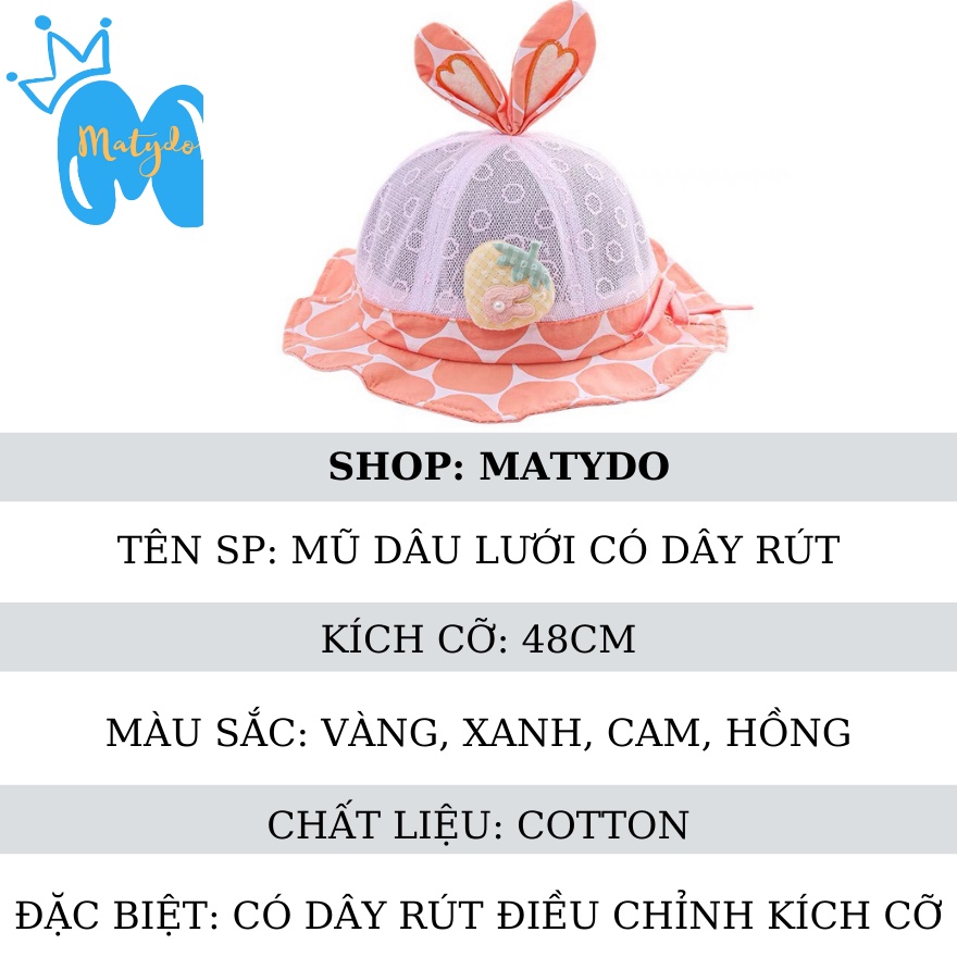Mũ cho bé trai bé gái MATYDO rộng vành trẻ em hình dâu lưới có dây rút điều chỉnh đáng yêu phụ kiện mũ nón
