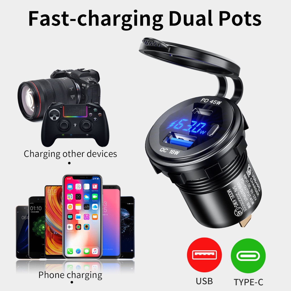 Cục Sạc Nhanh 45W PD Type-C QC3.0 USB 12 / 24V Có Công Tắc Vôn Kế Bằng Kim Loại Cho Xe Hơi / Xe Tải / Xe