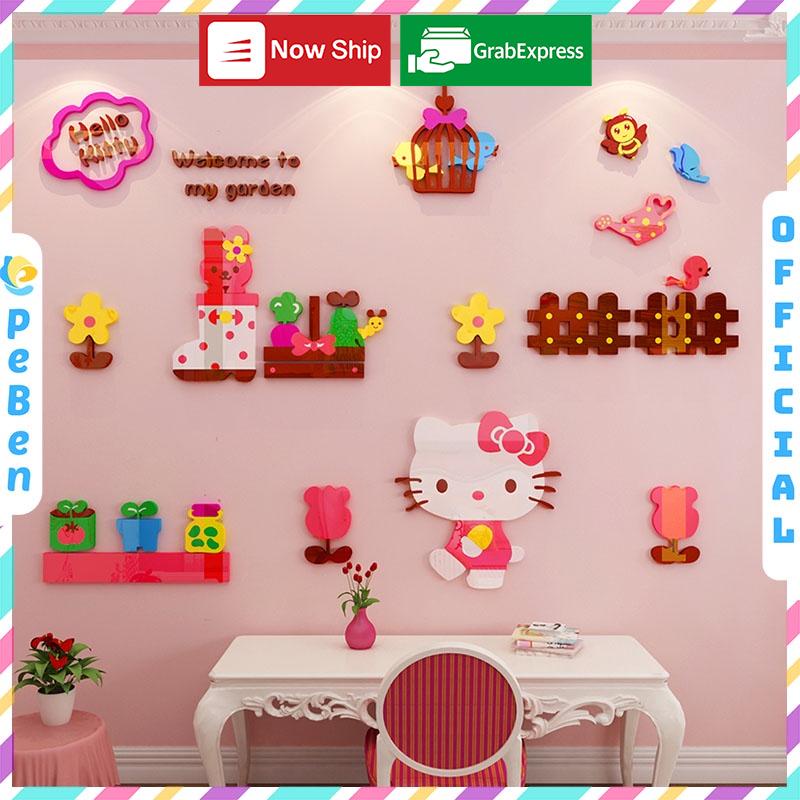 Tranh dán tường mica 3d decor khổ lớn không gian nhỏ của hello kitty trang trí mầm non, phòng cho bé Nhiều Size - EPeBen