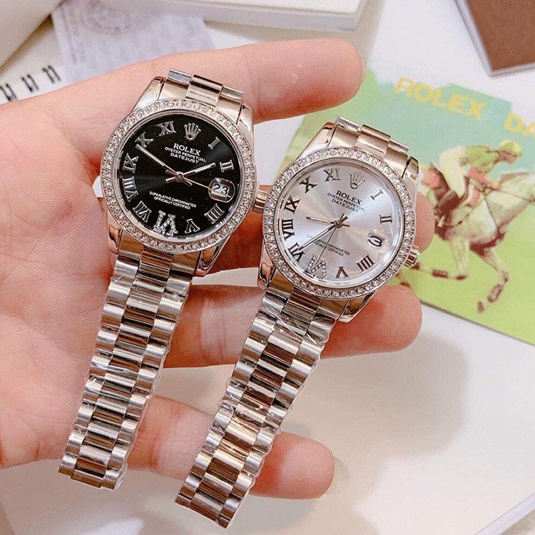 [Cao Cấp]Đồng hồ Rolex nữ mặt size 32mm đính hạt dây màu BẠC đúc hợp kim NGUYÊN KHỐI không gỉ, không phai màu