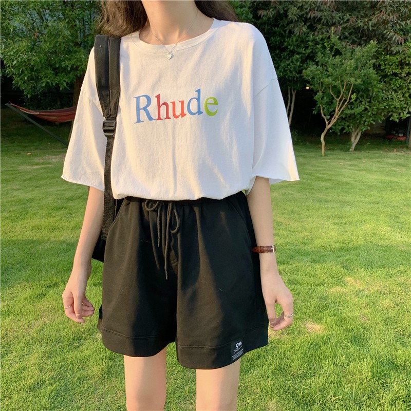 Quần Short Ống Rộng Unisex Nam, Nữ Dáng Hàn Logo Cạp Chun Dây Rút Freesize