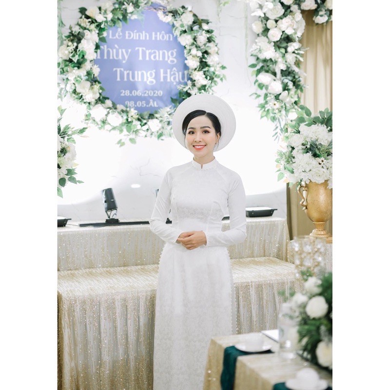 Áo Dài Gấm Tơ Trắng - Co Dãn - Đủ Size