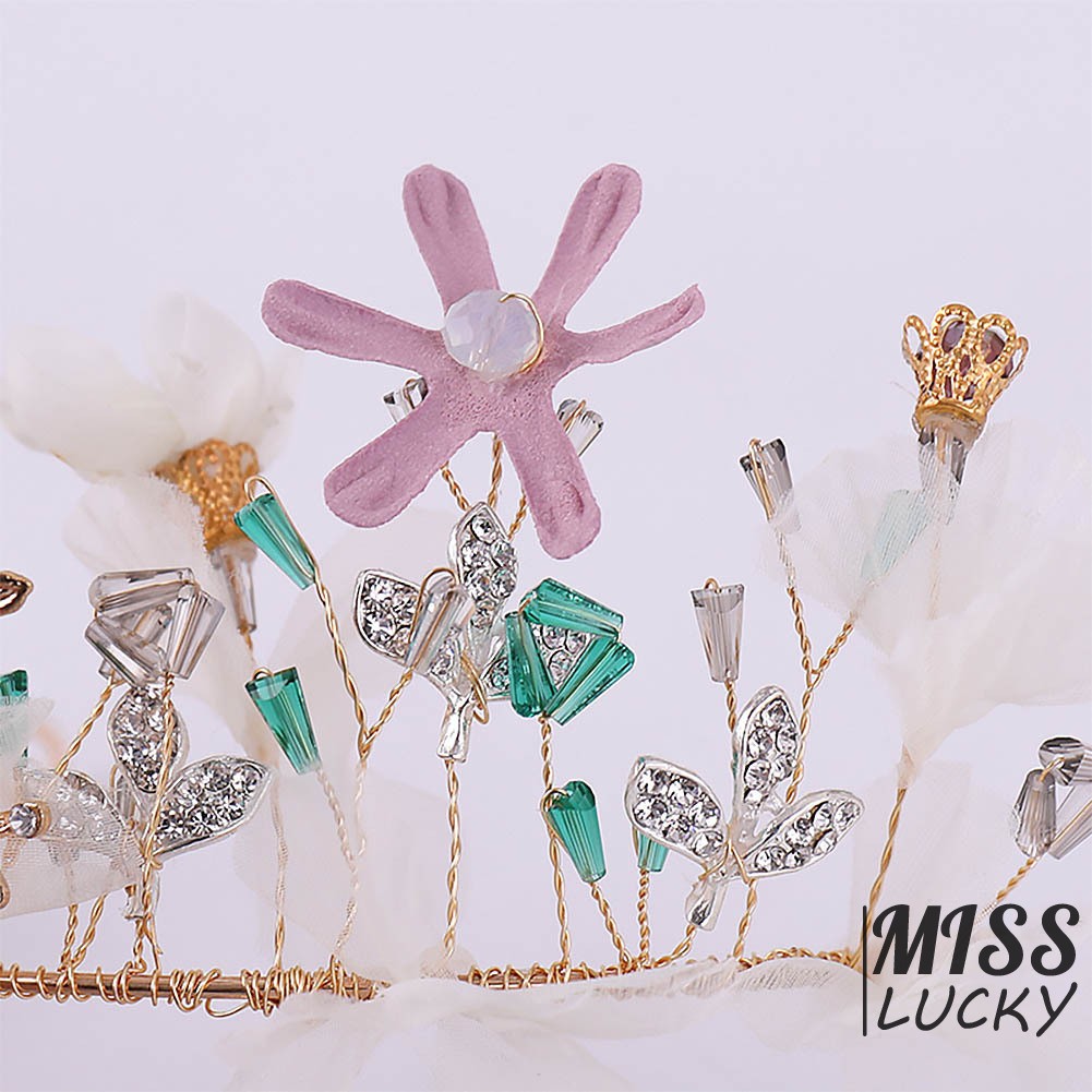 Băng đô cài tóc trang trí hoa lụa đính đá xinh xắn cho cô dâu