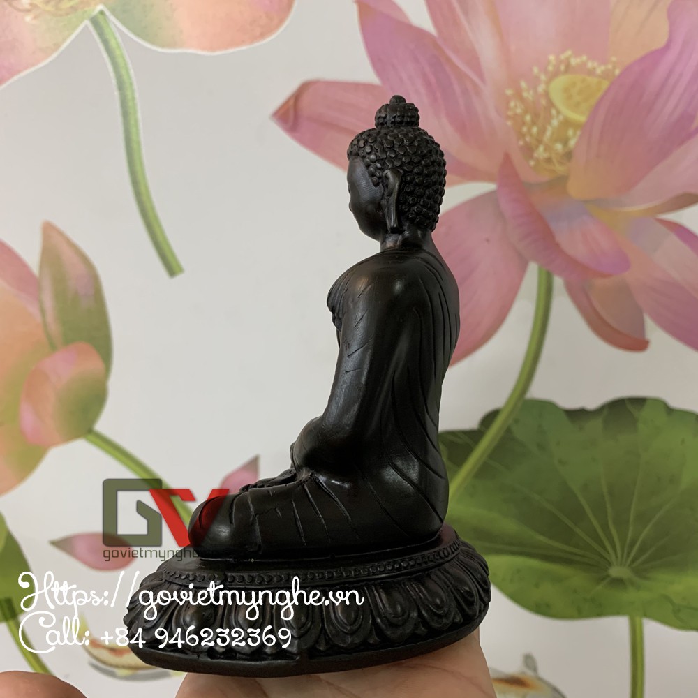 Tượng đá trang trí phòng thờ Đức phật Thích ca ngồi trên tòa sen thiền ấn - Xúc địa ấn | Chiều cao 14cm - Màu nâu đen