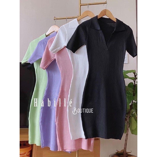 Váy Thun Tăm Polo Cổ V Nữ - Đầm dáng ngắn ôm body cộc tay cổ tim thiết kế sexy, cá tính Ulzzang | BigBuy360 - bigbuy360.vn