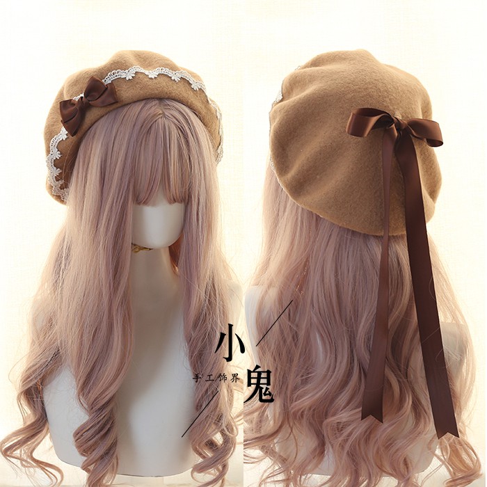 Mũ Nồi Len Phối Ren Đính Nơ Thủ Công Kiểu lolita Nhật Bản Thời Trang Thu Đông Ấm Áp Cho Nữ