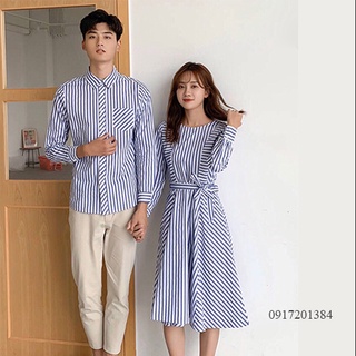 Đồ đôi nam nữ váy sọc xanh trắng tay dài xinh xắn phối cùng sơ mi nam