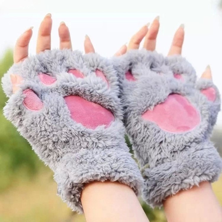 Bao tay thú bông thiết kế hở ngón giữ ấm mùa đông hình chân gấu cho cả nam lẫn nữ-Găng tay nỉ len nữa ngón giữ nhiệt tốt