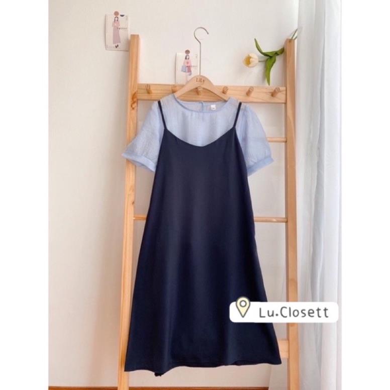 Set váy yếm 2 dây kèm áo sơ mi voan mỏng, đầm xuông ulzzang Hàn Quốc Lu.Closett k