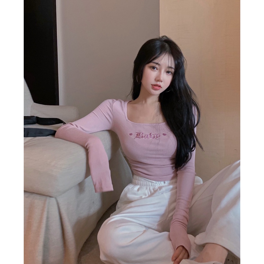 Áo thun tay dài cổ vuông dáng ôm thiết kế độc đáo thời trang cho nữ