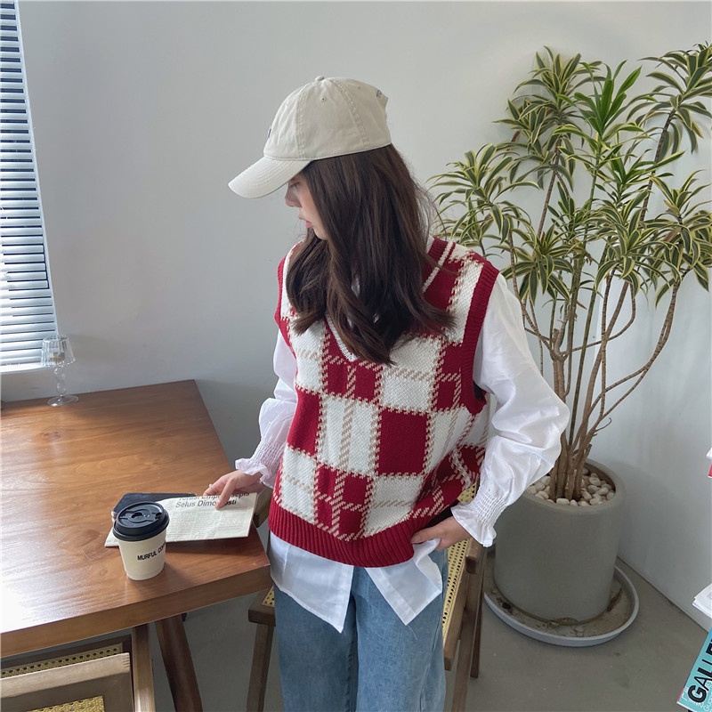 Áo len không tay cổ chữ V họa tiết sọc caro thời trang xuân thu phong cách Retro Nhật Bản cho nữ 2021