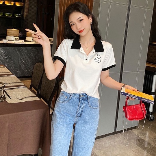 Áo Thun POLO Dệt Kim Tay Ngắn Dáng Rộng Thêu Hình Gấu Dễ Thương