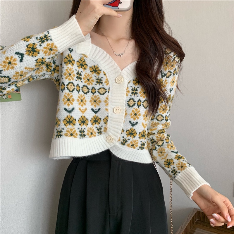 IELGY    Áo Khoác cardigan Dệt Kim Tay Dài In Họa Tiết Hoa Phong Cách Nhật Bản Cho Nữ