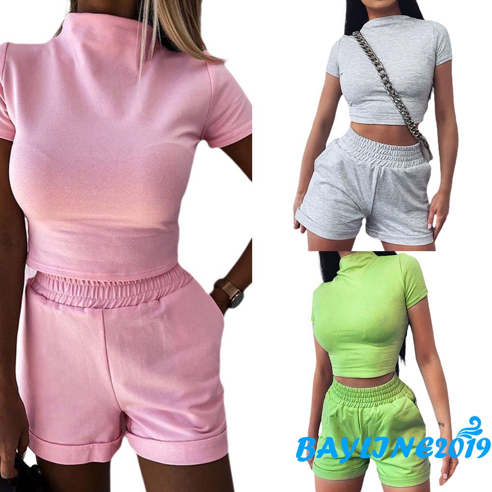 ❀Bộ đồ 2 món May-Nữ, Áo Crop top ngắn tay cổ tròn màu trơn