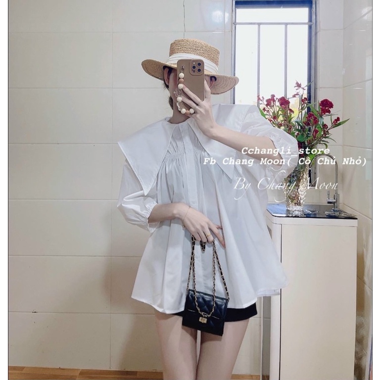 Áo sơ mi cộc tay nữ phom rộng cổ nhọn dáng baby doll