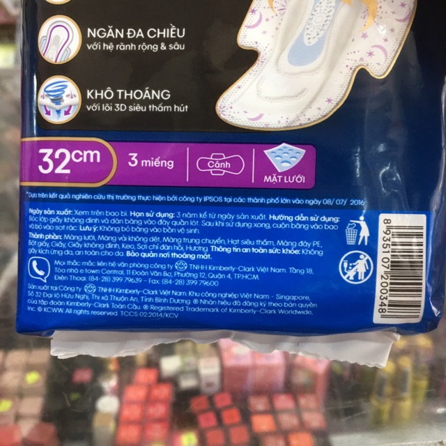 Băng vệ sinh Kotex siêu ban đêm 9 giờ chống tràn - mặt lưới - có cánh - 3 miếng 32cm