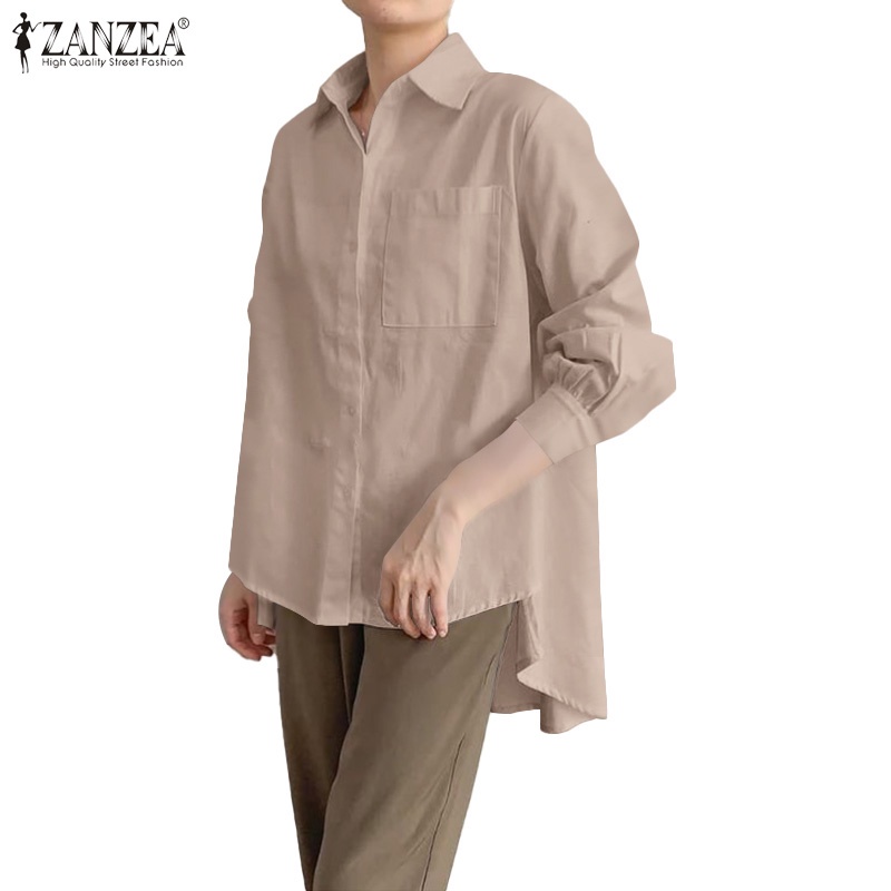 Áo ZANZEA dáng rộng cổ bẻ màu trơn gài nút phía trước dễ phối đồ mặc hằng ngày cho nữ