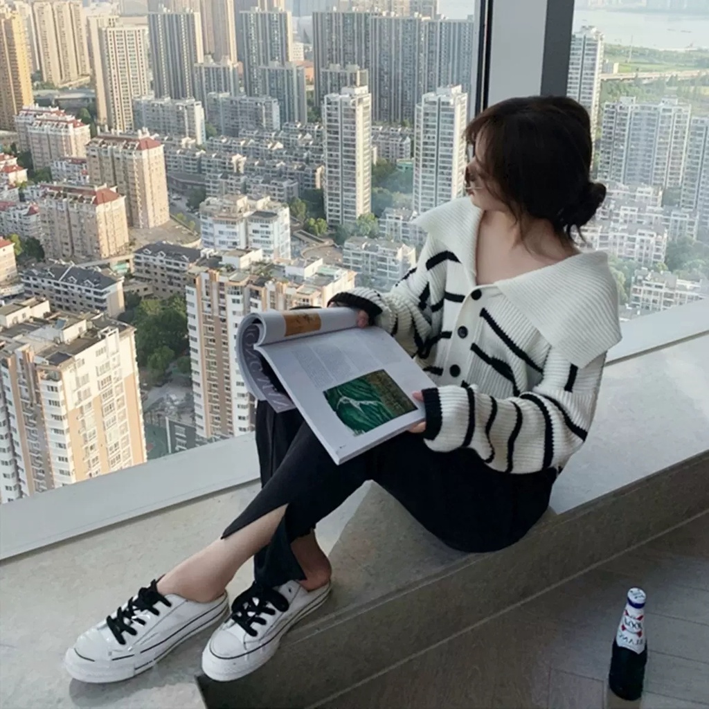 Áo khoác cardigan ZHELIHANGFEI len tay dài dáng rộng họa tiết kẻ sọc thời trang thanh lịch dành cho nữ