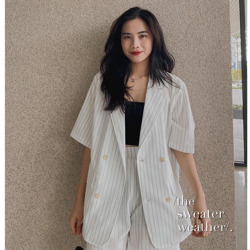 Set blazer kẻ sọc ngắn tay áo kèm quần cùng màu. Set bộ vest trơn mặc hè siêu chảnh 3 màu hothit