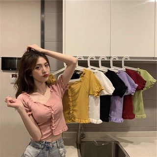 Áo len dệt kim nữ croptop cổ vuông dáng tiểu thư nhúm tay nhúm giữa ngực đẹp xinh dễ thương trẻ trung