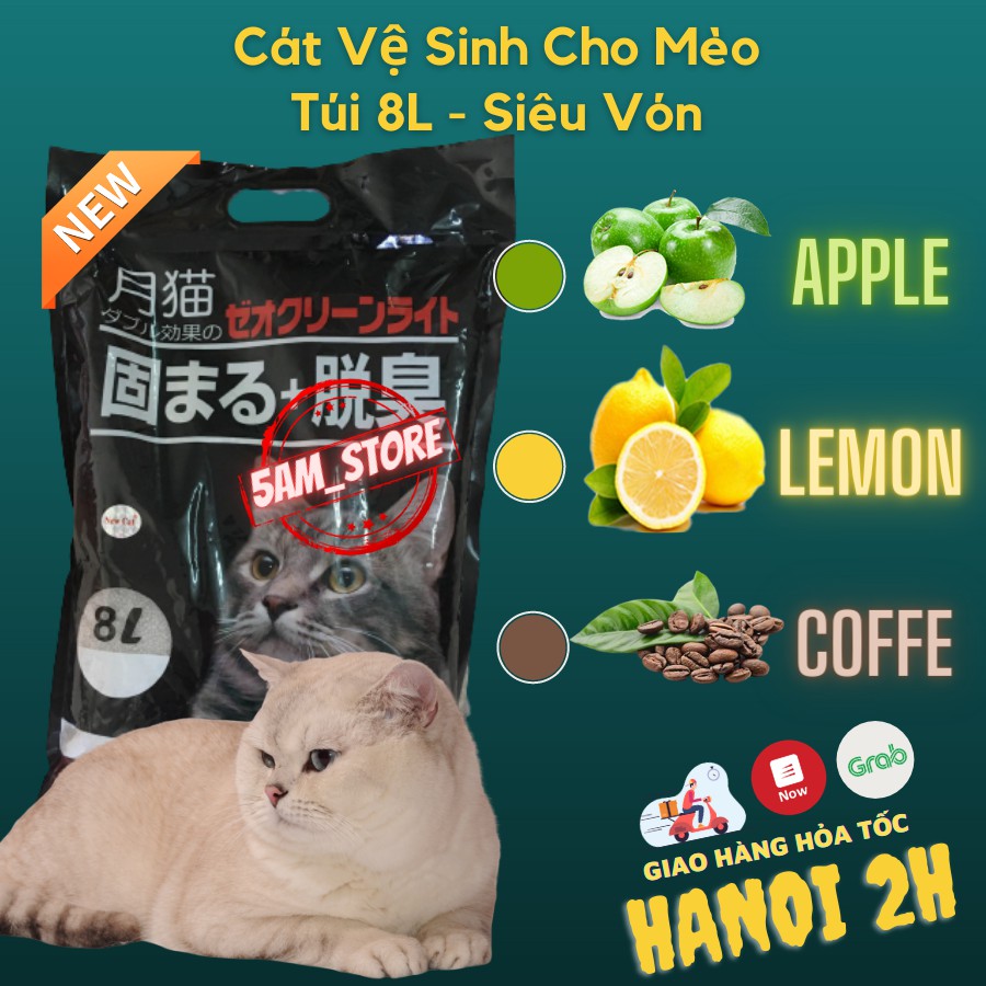 Cát mèo nhật đen túi 8lit cát đi vệ sinh cho mèo mùi cafe chanh táo_5am store