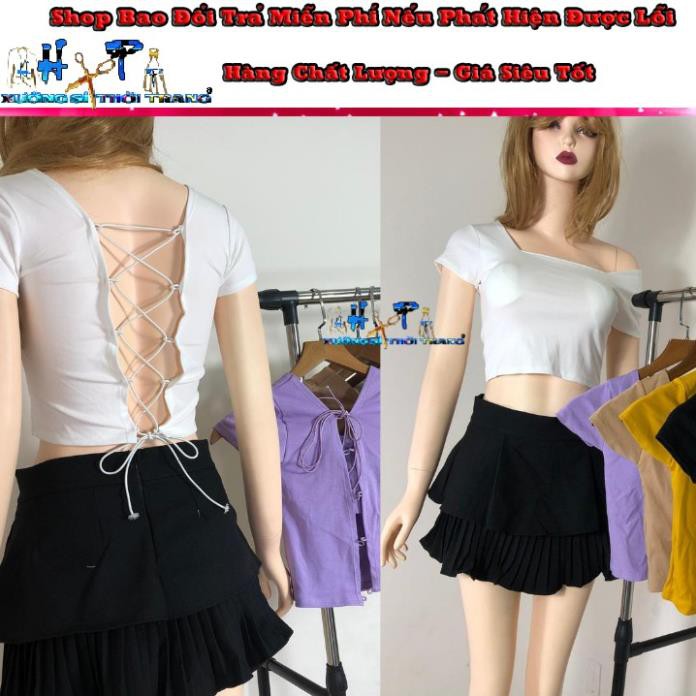 Áo Croptop Thun Borip Cổ Vuông Tay Ngắn Hở Lưng Đan Dây Siêu Thời Trang Mẫu Hót 2020-Hàng có Sẵn ་